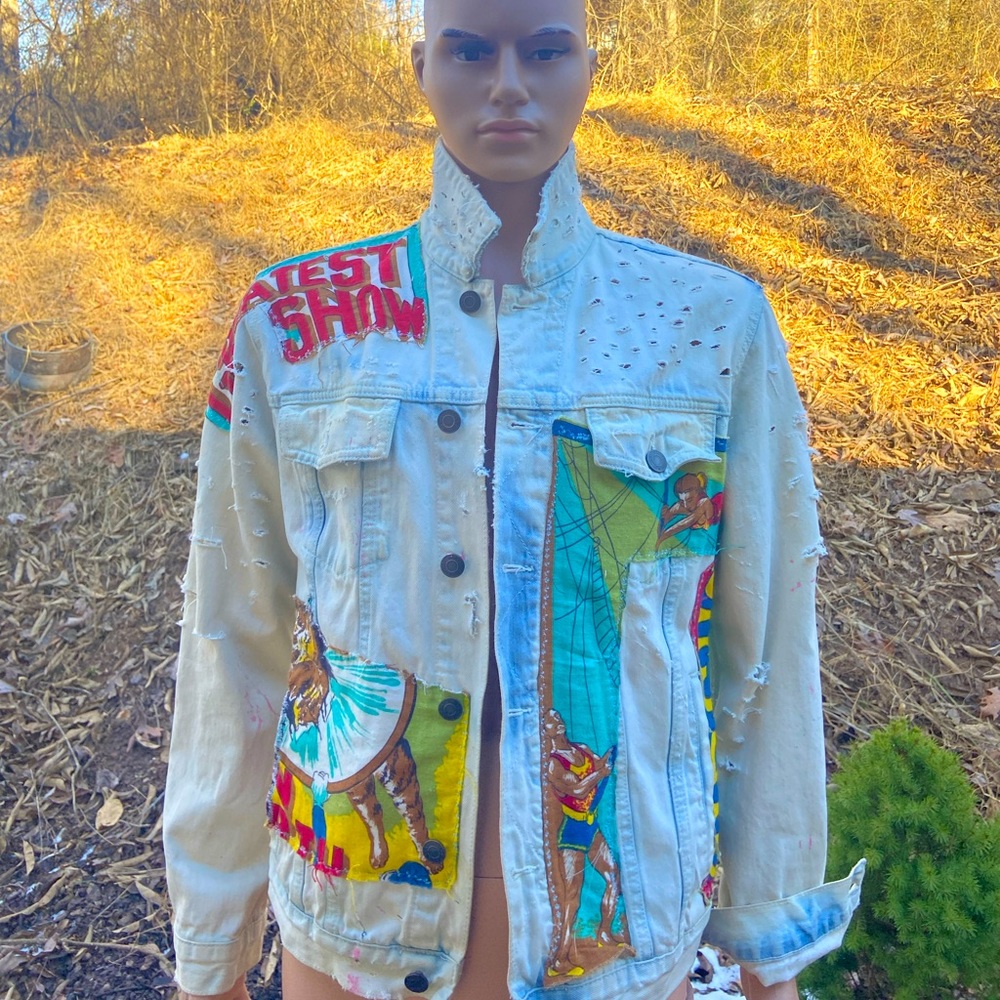 Custom acid wash jacket made with 1950’s vintage circus fabric